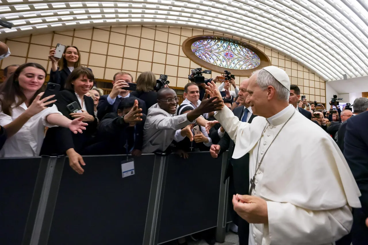 Pope Leo XIV meets members of the media at the Paul VI Hall
