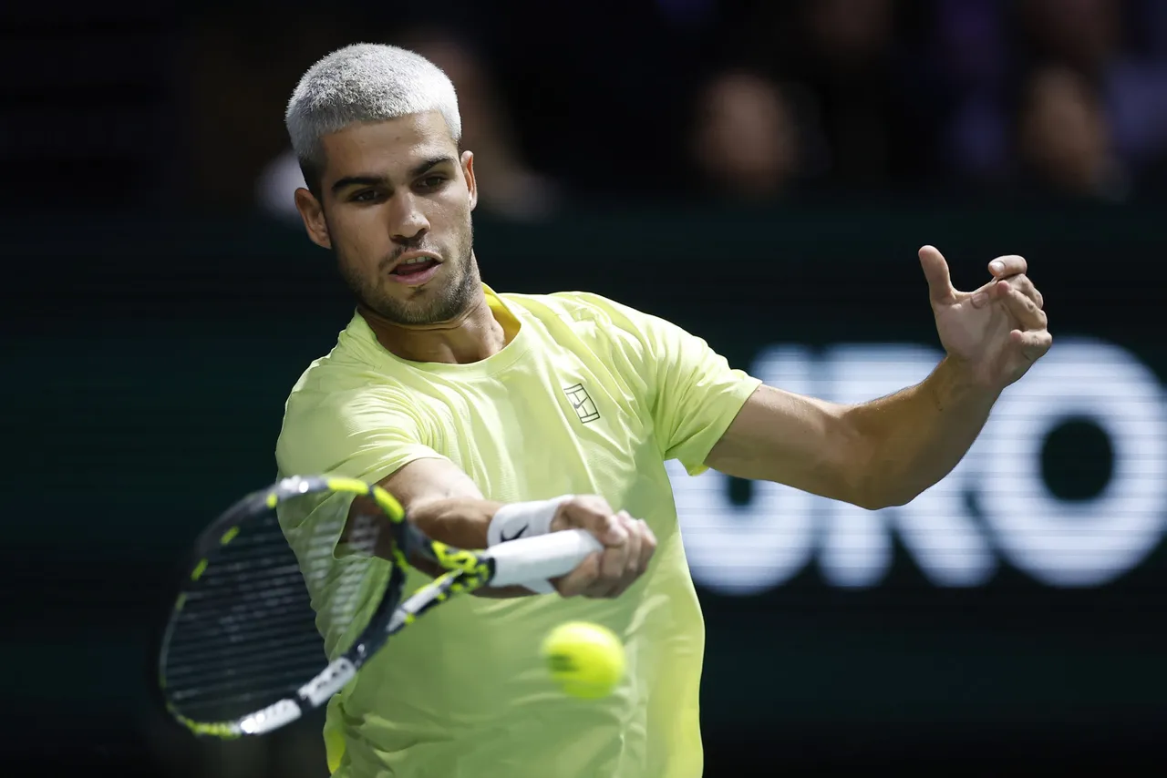 Carlos Alcaraz of Spain in action during his second round match against Cameron Norrie