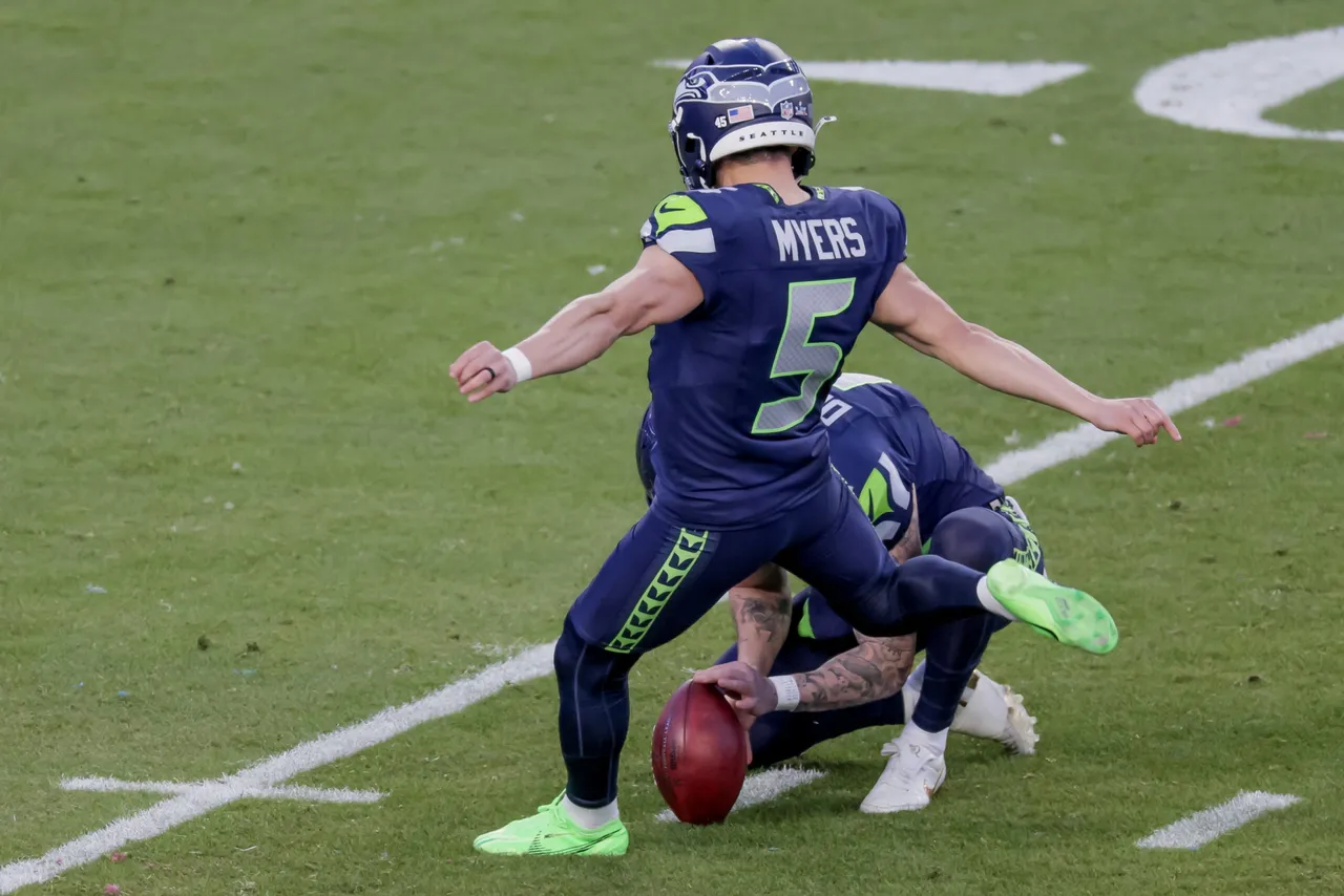 Seattle Seahawks place kicker Jason Myers kicks his third field goal against the New England Patriots