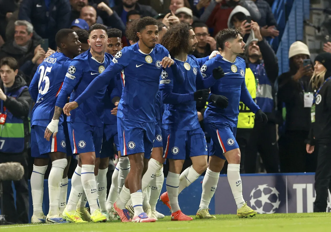 Chelsea players celebrate after going 1-0 up following an own goal of Barcelona during the UEFA Champions League