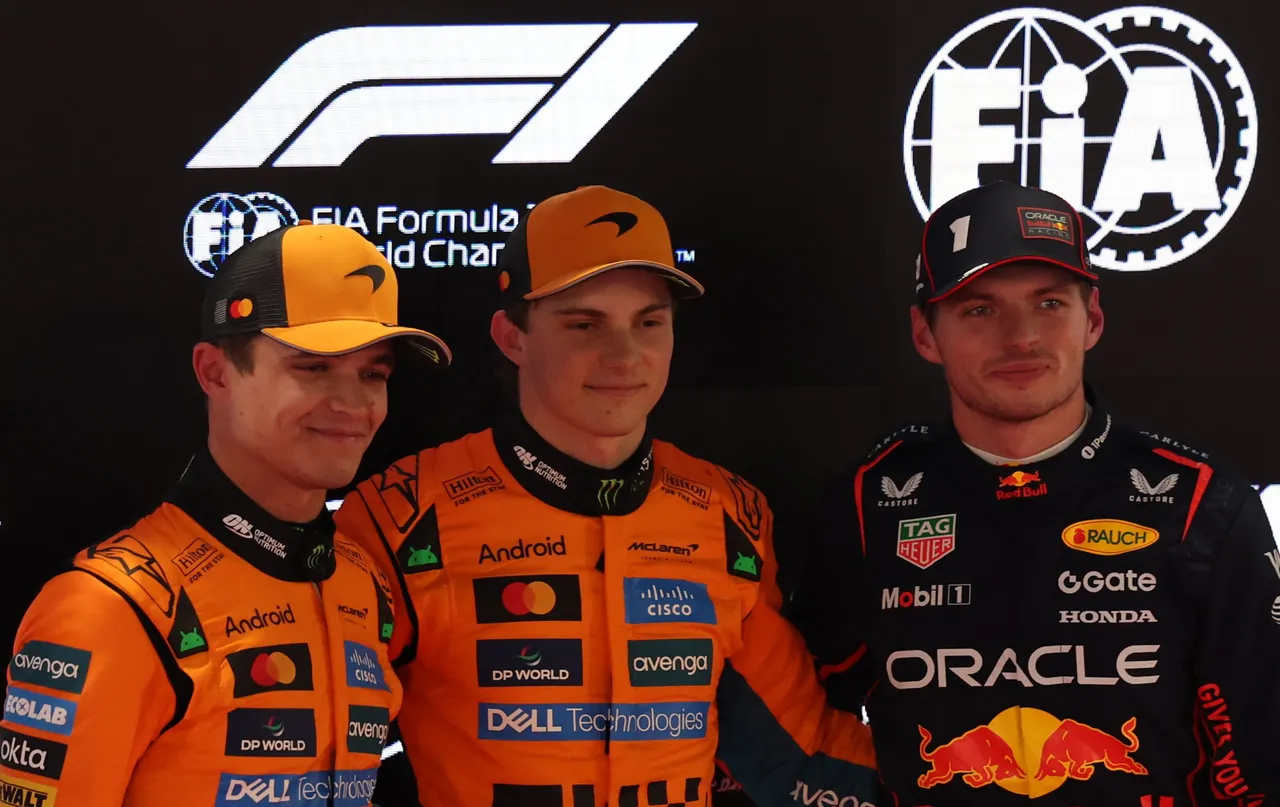 Polesitter McLaren driver Oscar Piastri of Australia (C), second place McLaren driver Lando Norris of Britain (L), and third place Red Bull Racing driver Max Verstappen