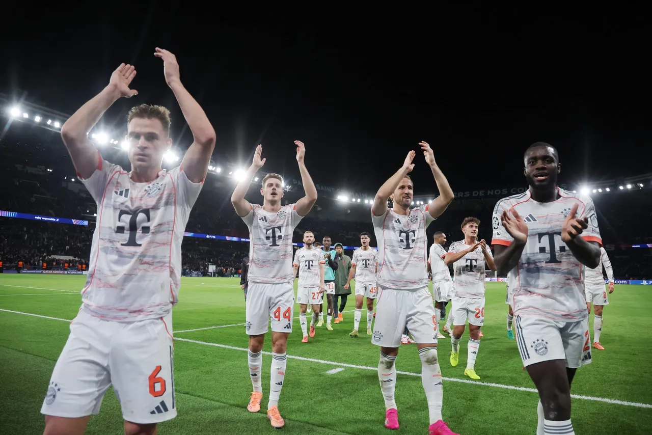 Team players of Bayern Munich celebrate their victory during the UEFA Champions League