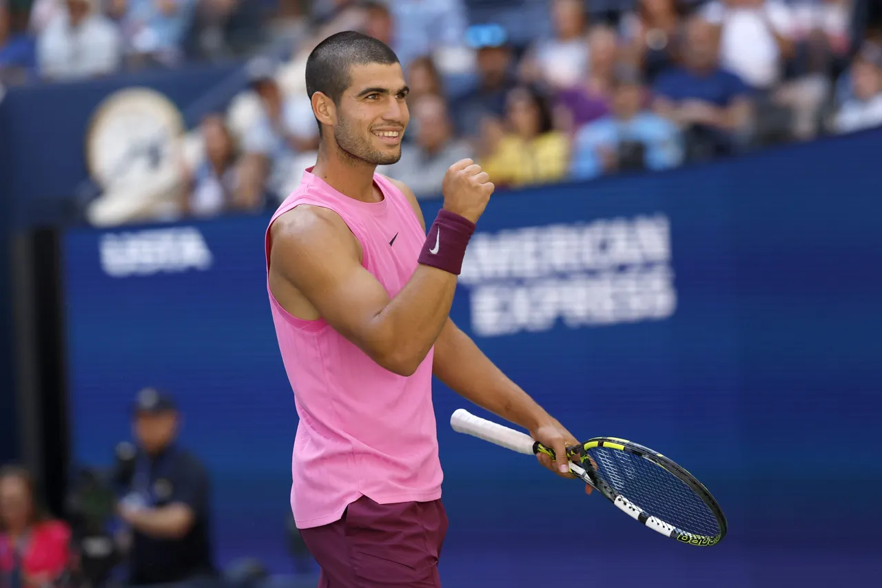 Carlos Alcaraz of Spain gestures after winning a point against Arthur Rinderknech