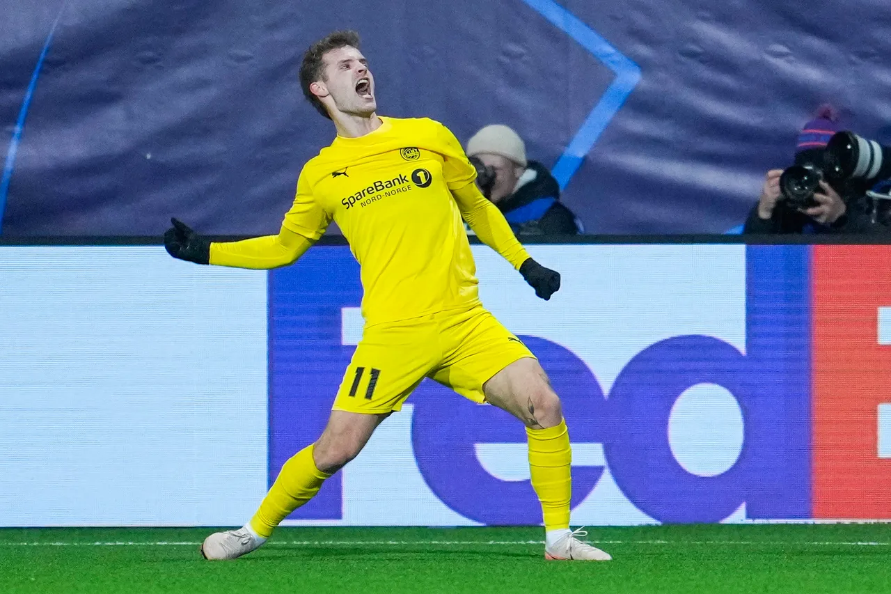 Bodo/Glimt's Ole Didrik Blomberg celebrates after scoring the 2-0 goal during the UEFA Champions League