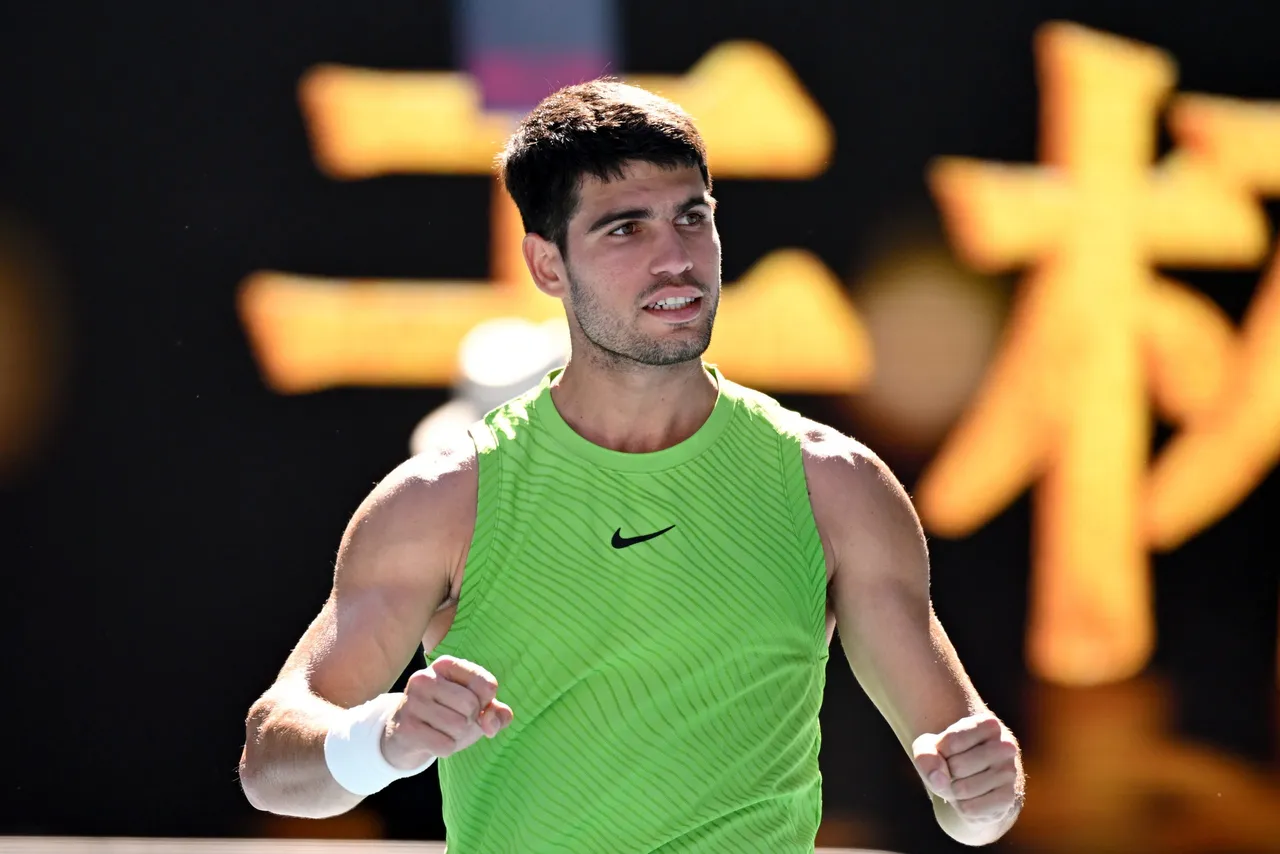 Carlos Alcaraz of Spain celebrates match point during the Men's 2nd round match agains