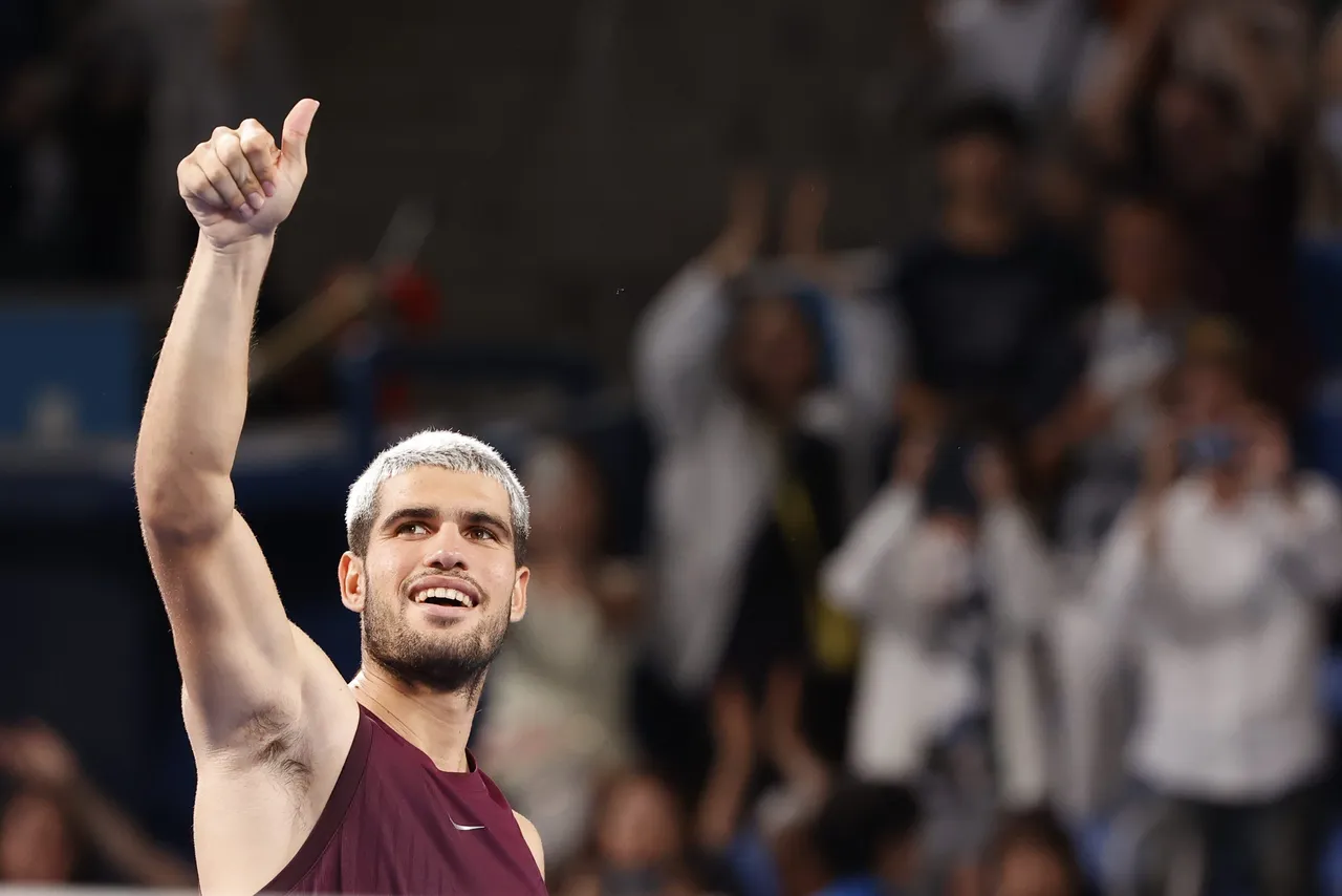 Carlos Alcaraz of Spain celebrates after winning his semifinal match against Casper Ruud