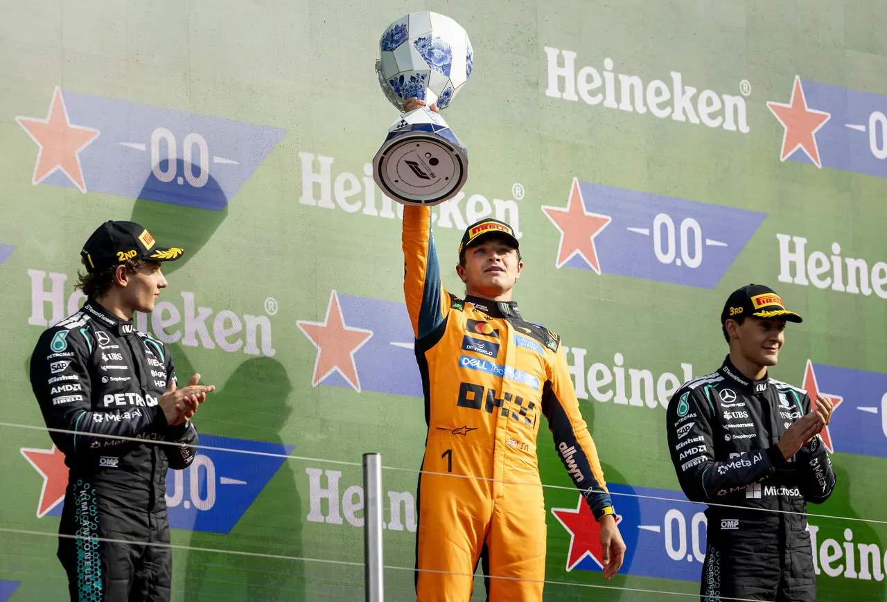 First placed McLaren driver Lando Norris of Britain celebrates after winning the Formula 1 
