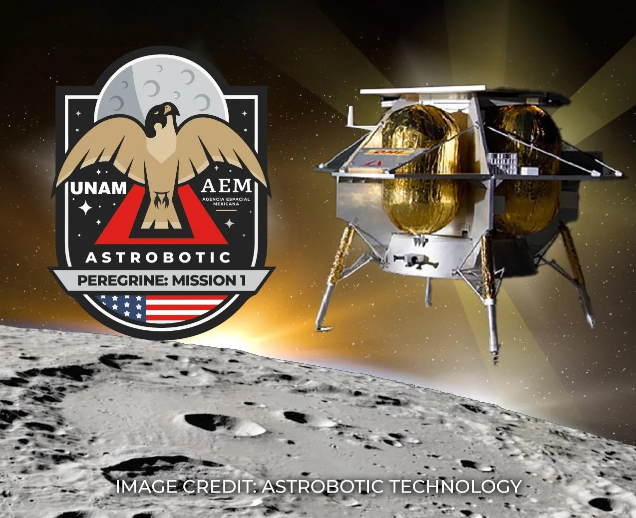 ESCUDO OFICIAL DE LA MISIÓN LUNAR, Y EL VEHÍCULO ESPACIAL PEREGRINE LUNAR LANDER (CREDIT IMAGE ASTROBOTICS TECHNOLOGY) (1)