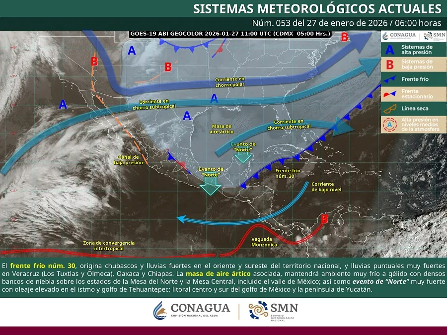 Frente frío 30 deja lluvias intensas, vientos extremos y frío severo en México