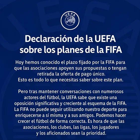 UEFA endurece su postura contra el plan de inversión de la FIFA y acusa al organismo de priorizar intereses económicos