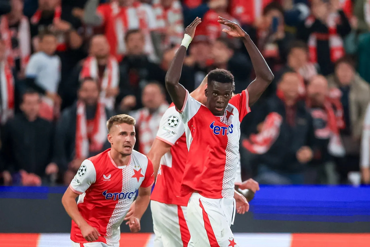 Youssoupha Mbodji of Slavia celebrates after scoring the 2-0 goal during the UEFA Champions League match between Slavia Praha and FK Bodo/Glimt