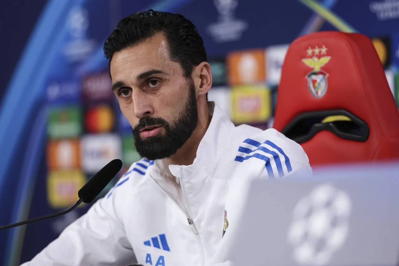 Real Madrid head coach Alvaro Arbeloa attends a press conference at the Luz Stadium in Lisbon, Portugal, 27 January 2026. Real Madrid
