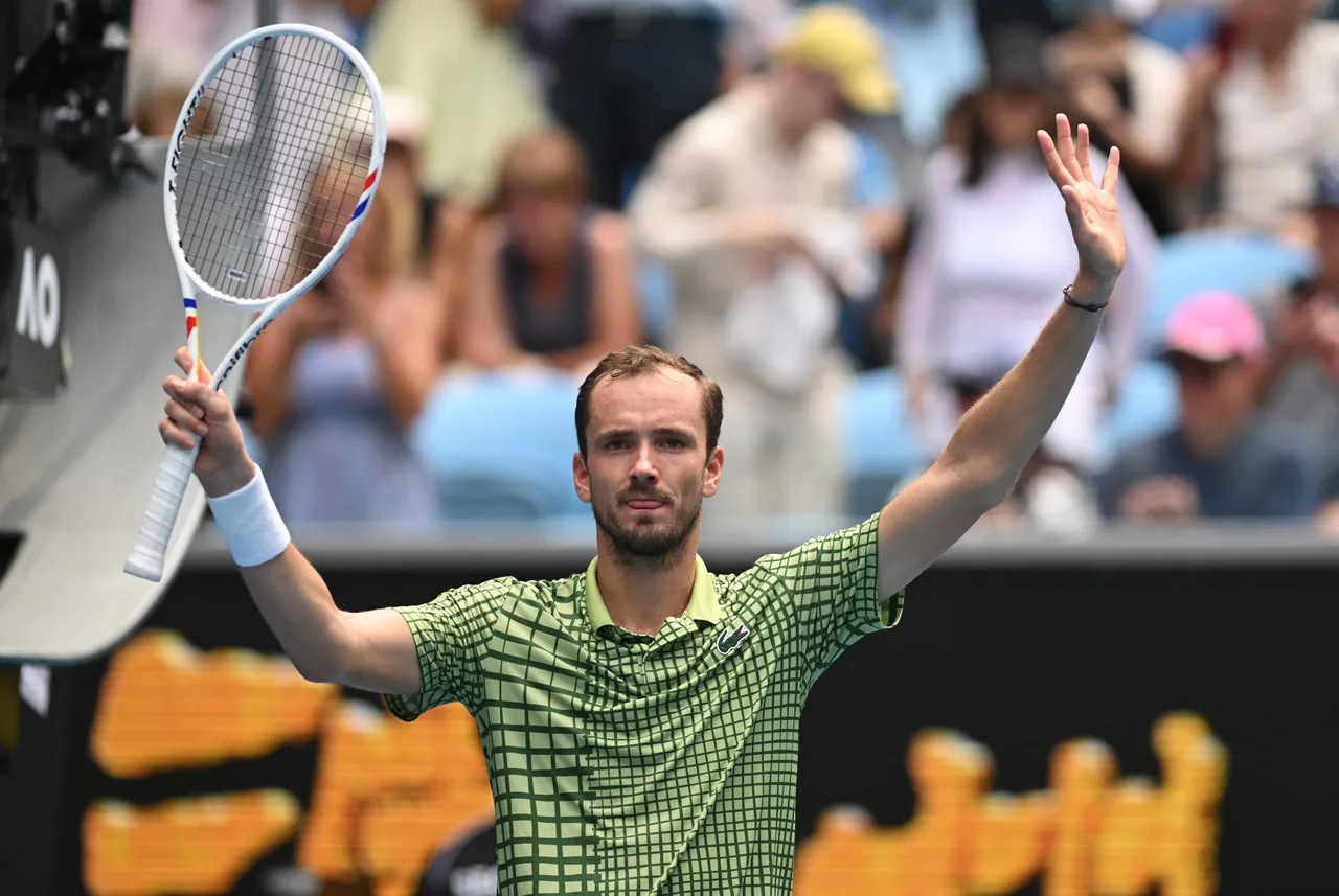 Daniil Medvedev of Russia celebrates after winning the men's singles first round match against