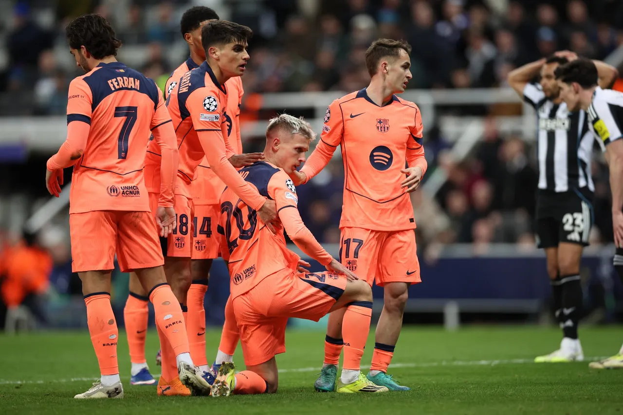 Players of Barcelona interact after the UEFA Champions League Round