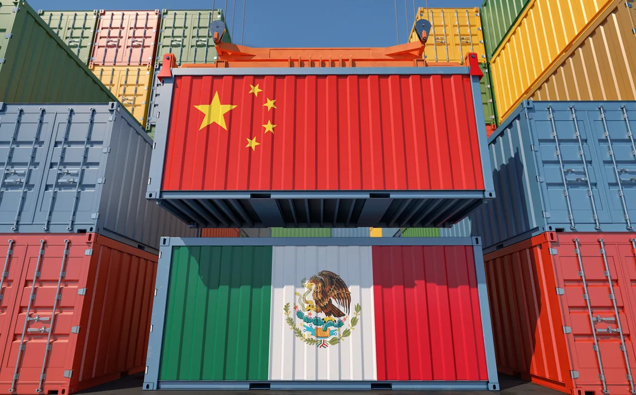 Freight,Containers,With,China,And,Mexico,National,Flags.,3d,Rendering