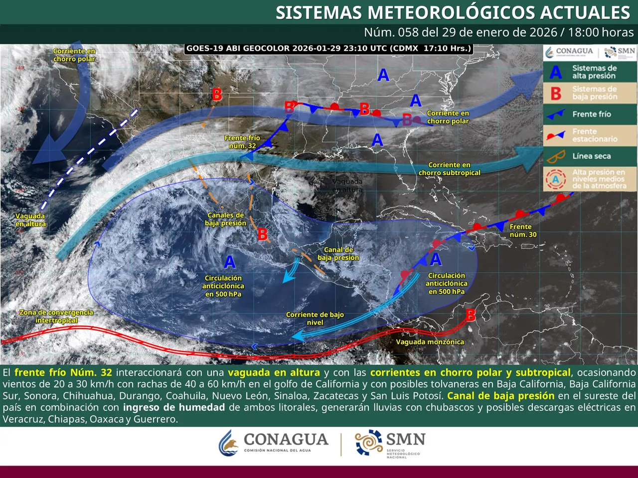 Frente frío 32 provocará lluvias fuertes, Norte intenso y heladas en gran parte de México
