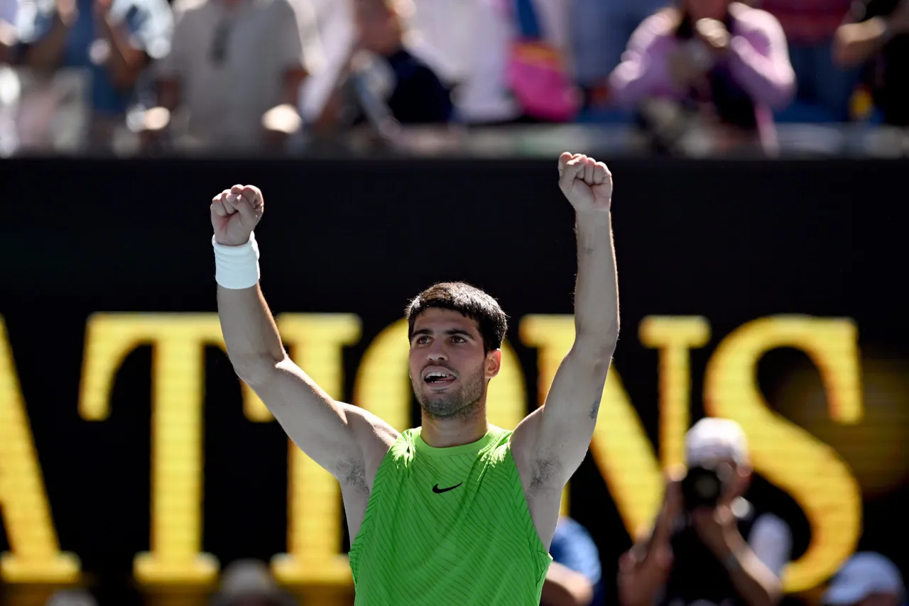 Carlos Alcaraz of Spain celebrates match point during the men's third round match against Corentin