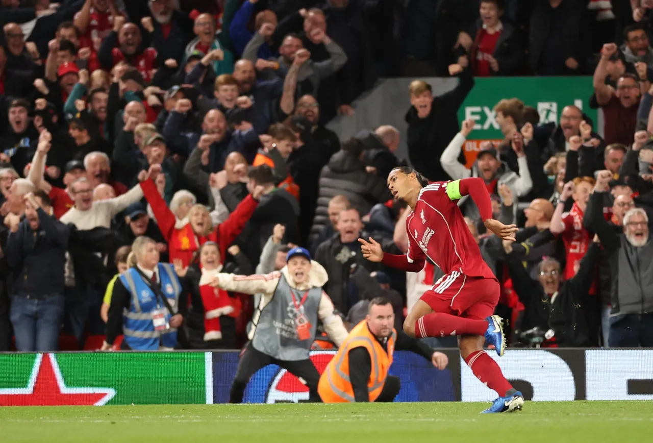 Liverpool Virgil van Dijk celebrates after scoring the 3-2 during the UEFA
