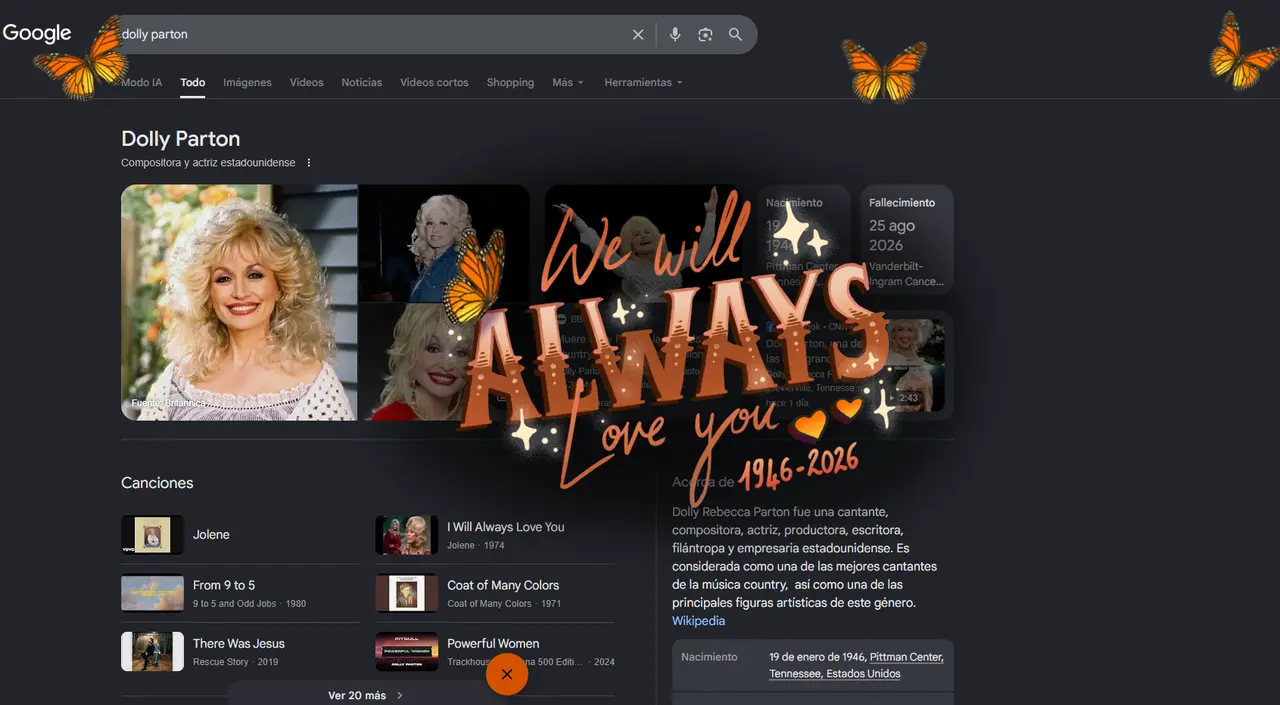 Google rinde un homenaje a Dolly Parton con una animación de mariposas en su buscador | CAPTURA DE PANTALLA BUSCADOR 