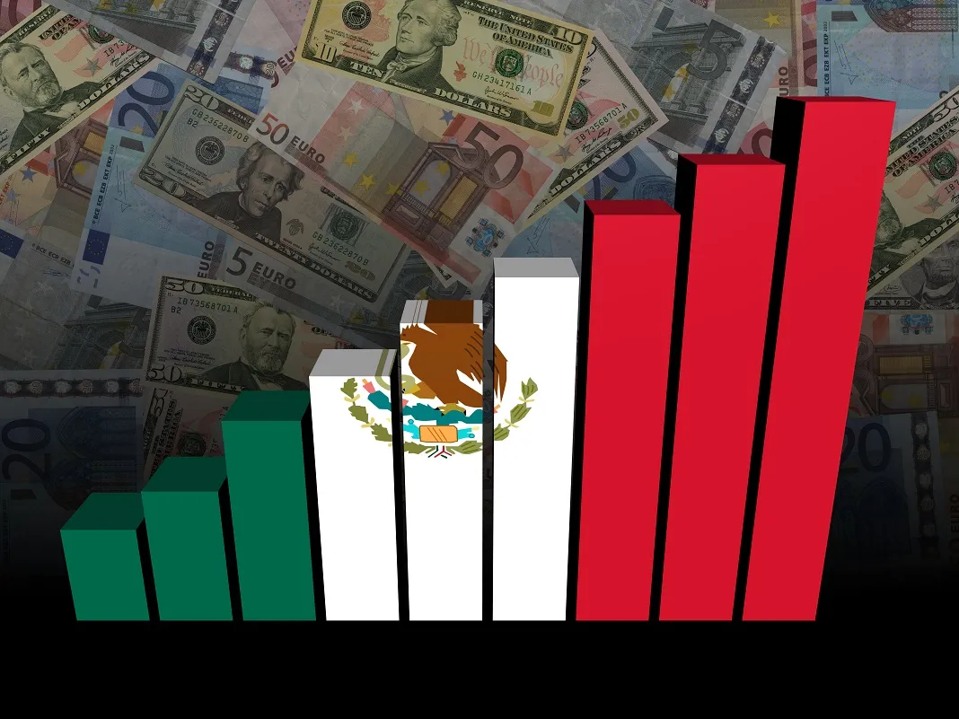 Mexican flag bar chart over dollars and Euros background illustration