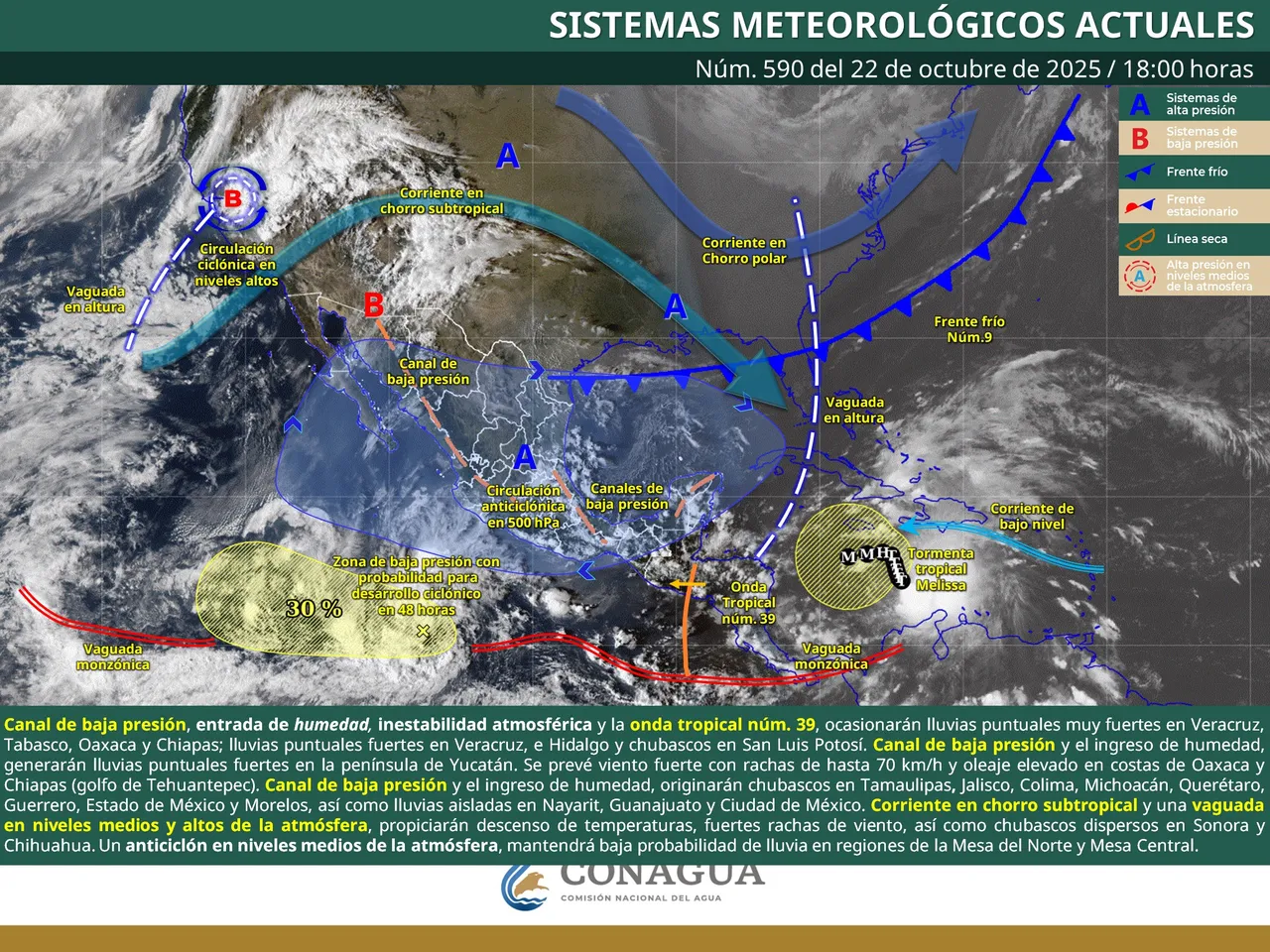 Mapa del pronóstico de lluvias en México por onda tropical 39 y canales de baja presión