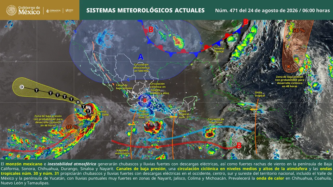 Mapa del pronóstico del clima en México para este lunes 24 de agosto de 2026 con zonas de lluvias intensas y temperaturas elevadas.