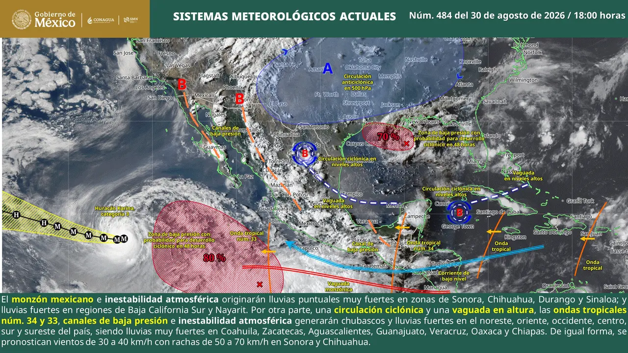 Mapa del pronóstico del clima en México para el 31 de agosto de 2026 con lluvias y temperaturas.