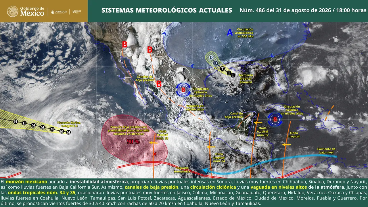 Mapa del pronóstico del clima en México para el 1 de septiembre de 2026, con zonas de lluvias y temperaturas.