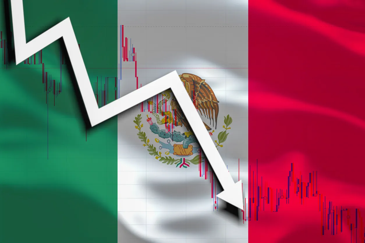White arrow and stocks chart fall down on the background of the waving flag of Mexico
